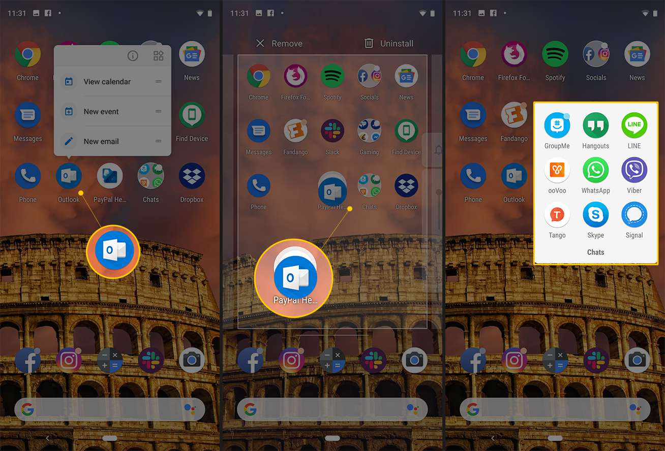 Dlouho stisknutá ikona, přetažením jedné ikony na druhou vytvoříte složku a složku plnou aplikací v systému Android