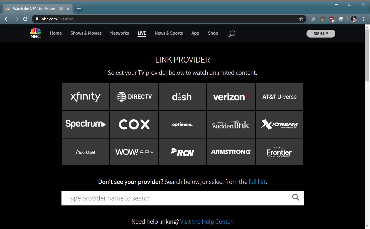 Snímek obrazovky s nabídkou výběru poskytovatele NBC.com.