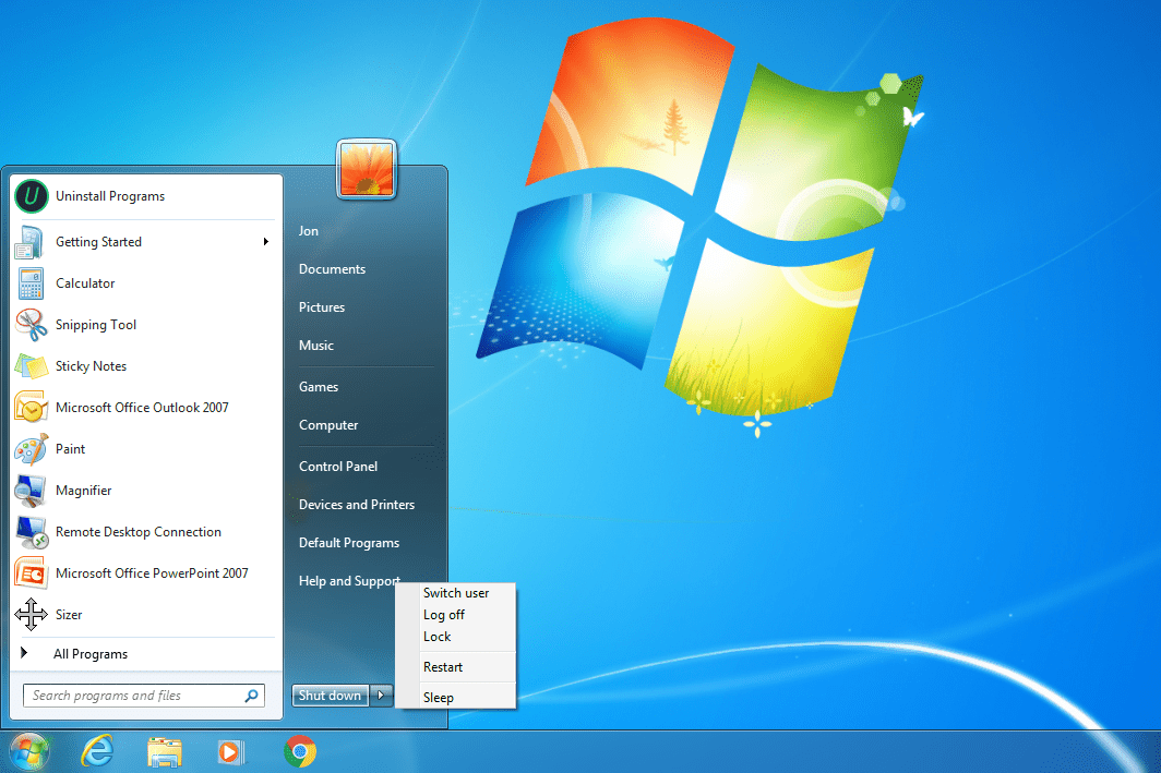 Tlačítko restartu Windows 7