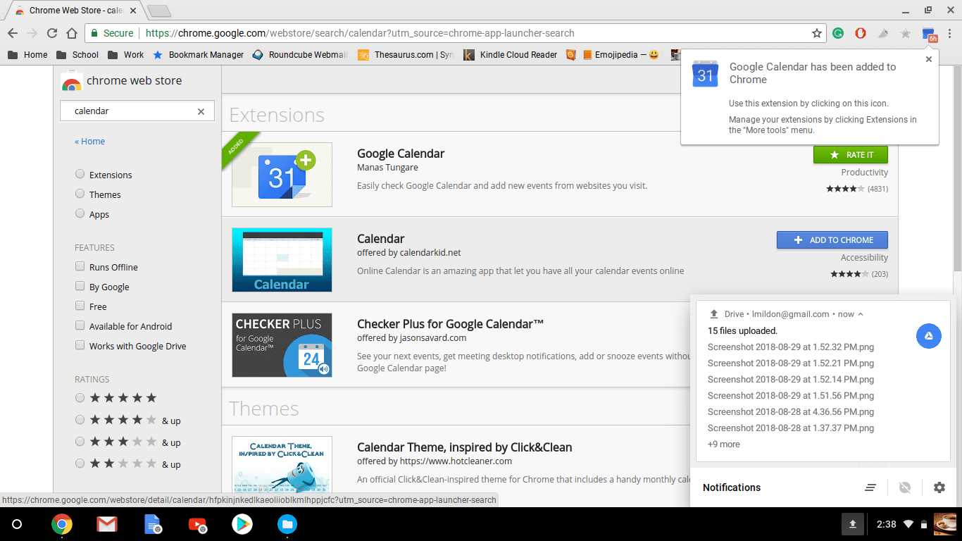 Webový prohlížeč Chrome s dialogovým oknem, které říká, že do Chromu byl přidán Kalendář Google