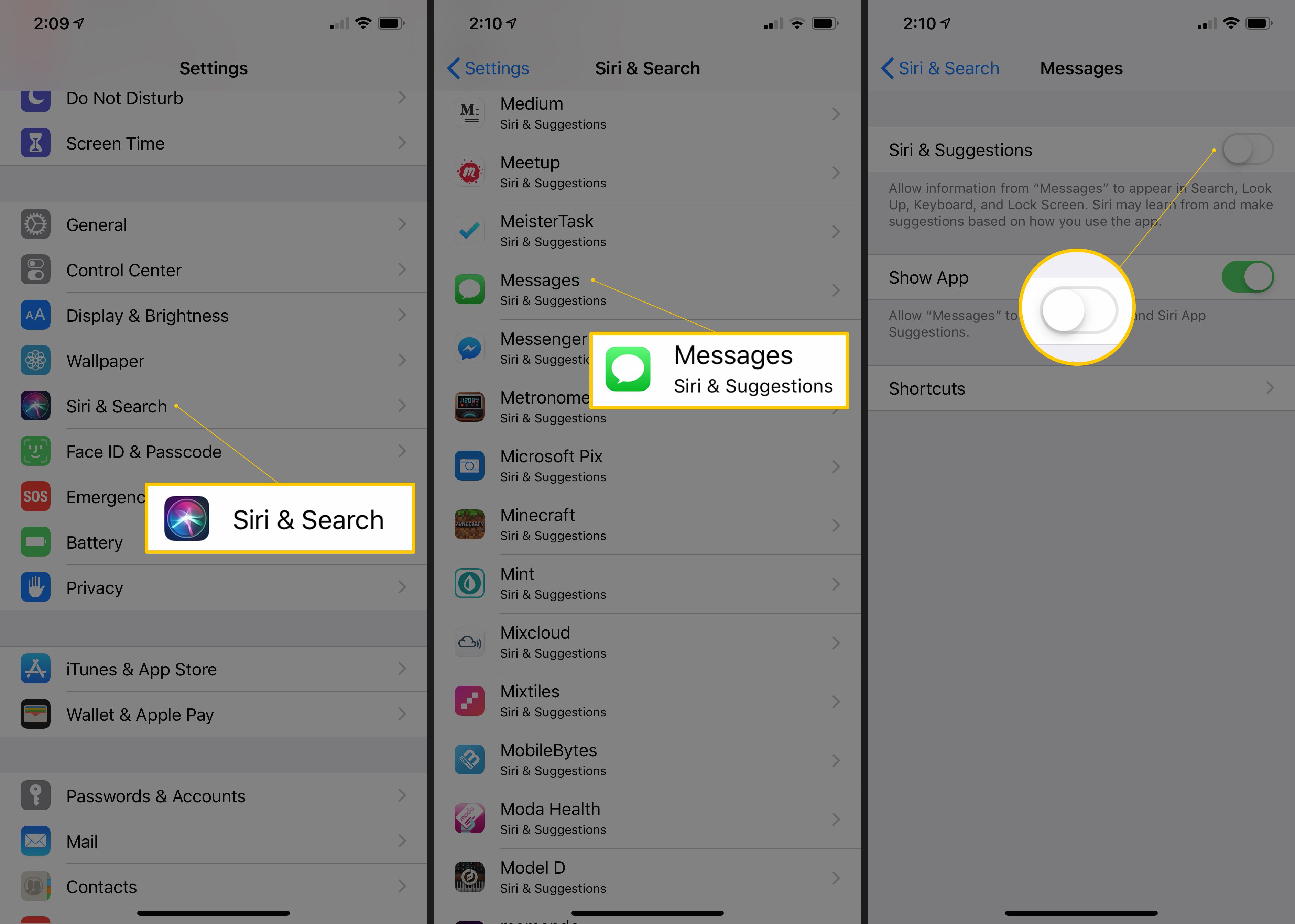 Tři obrazovky iOS zobrazující Siri & Search, Zprávy a Siri & Suggestions se přepnou na OFF