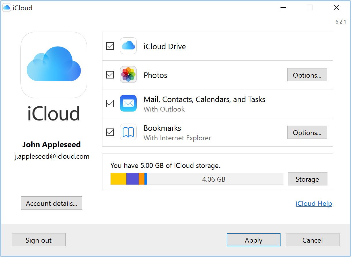 iCloud pro Windows 10 zobrazující různé synchronizační funkce