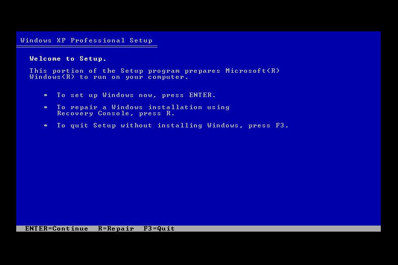 Snímek obrazovky s možnostmi Vítejte v instalaci během instalace systému Windows XP