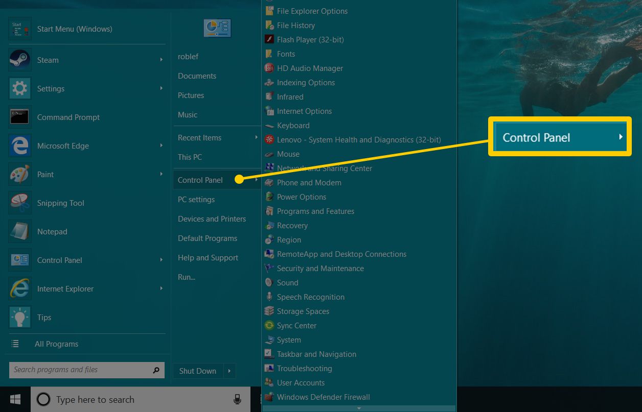Screenshot tlačítka ovládacího panelu v nabídce Start systému Windows 10