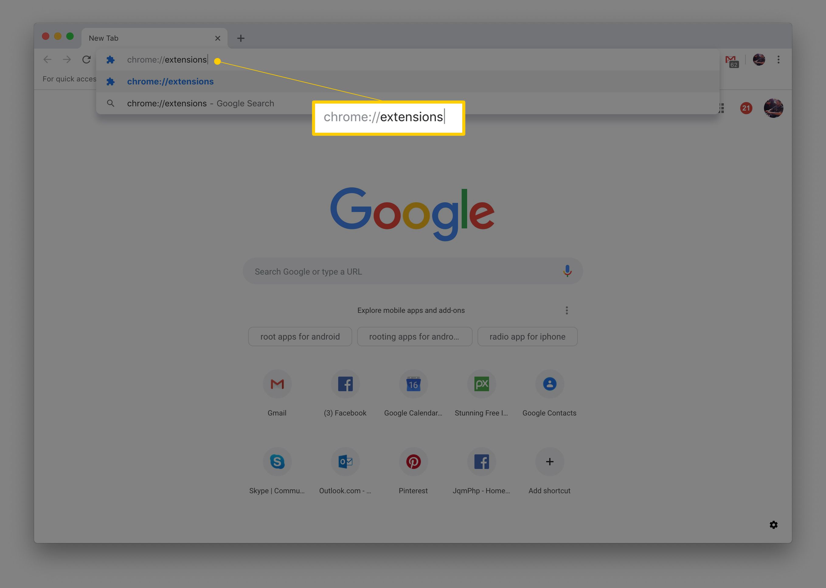 Chrome: // URL rozšíření v řádku URL prohlížeče Chrome
