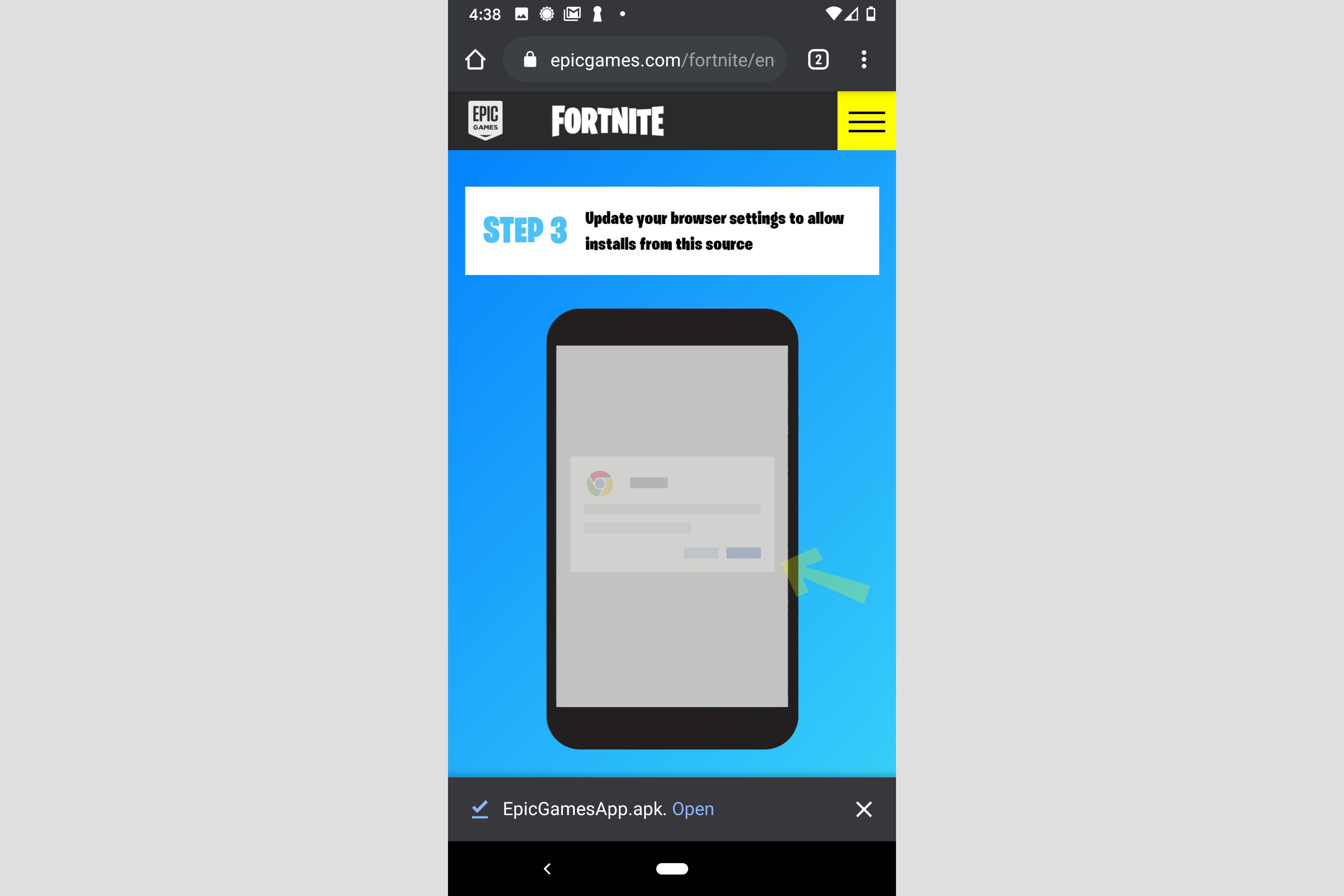 Snímek obrazovky stahování Fortnite do zařízení Android.