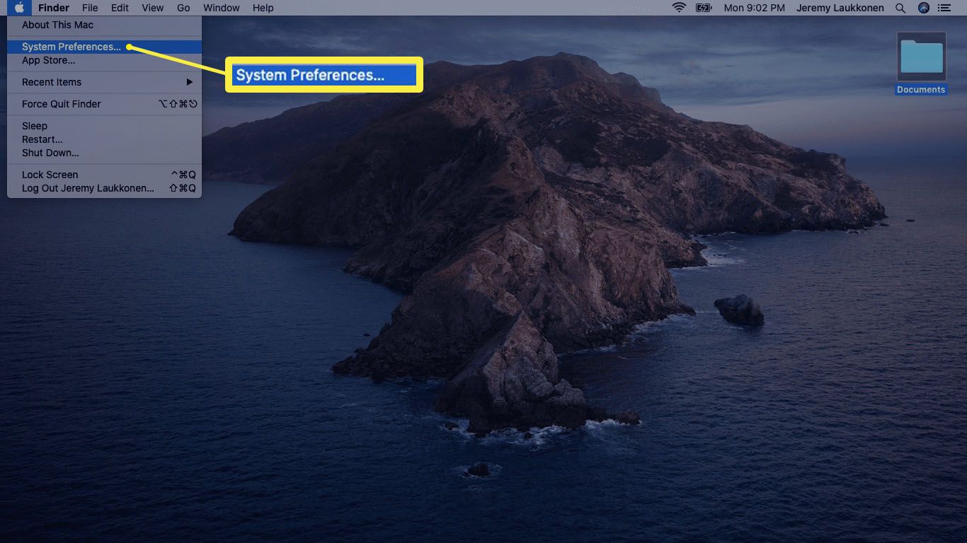 Snímek obrazovky nabídky Apple na počítači Mac.