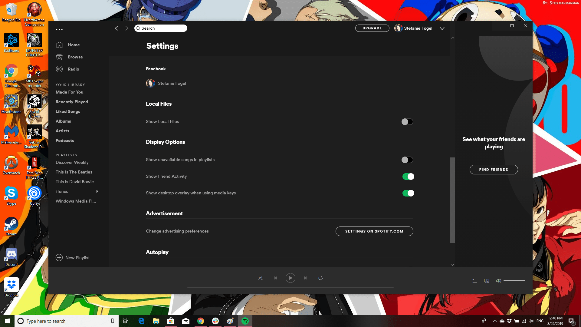 Screenshot sociálních nastavení Spotify