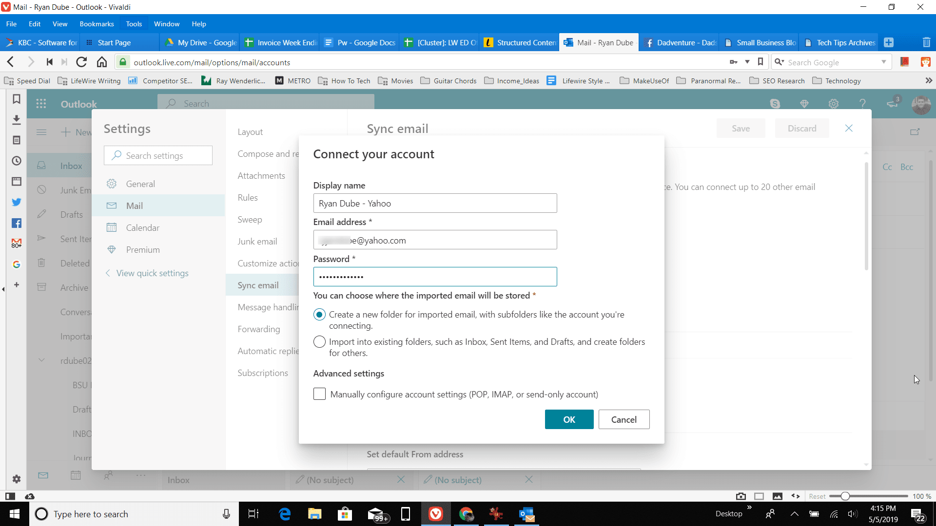 Screenshot připojení vašeho účtu v aplikaci Outlook online