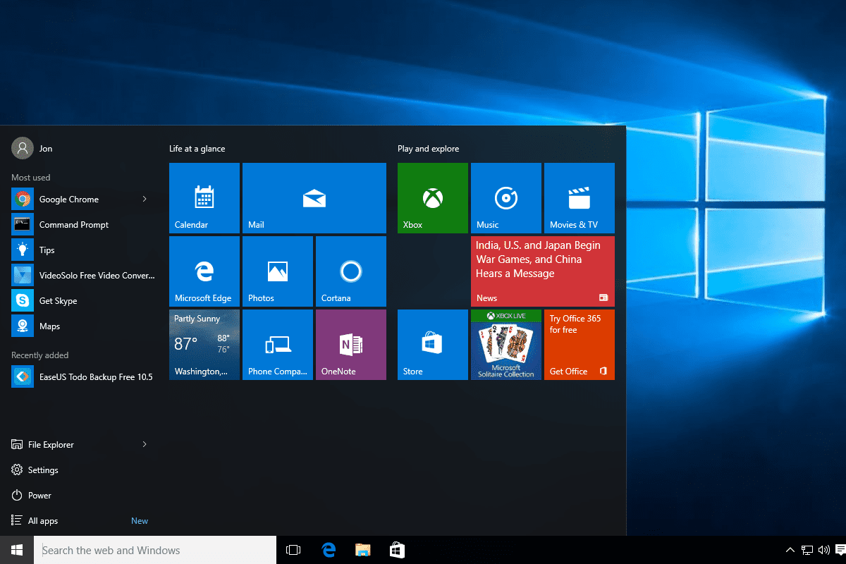 Nabídka Start systému Windows 10 a plocha