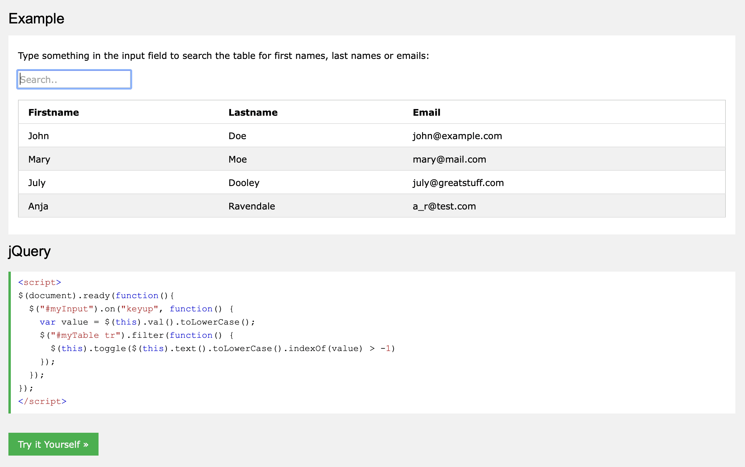 Krátký kód JavaScript, který filtruje seznam tabulek.