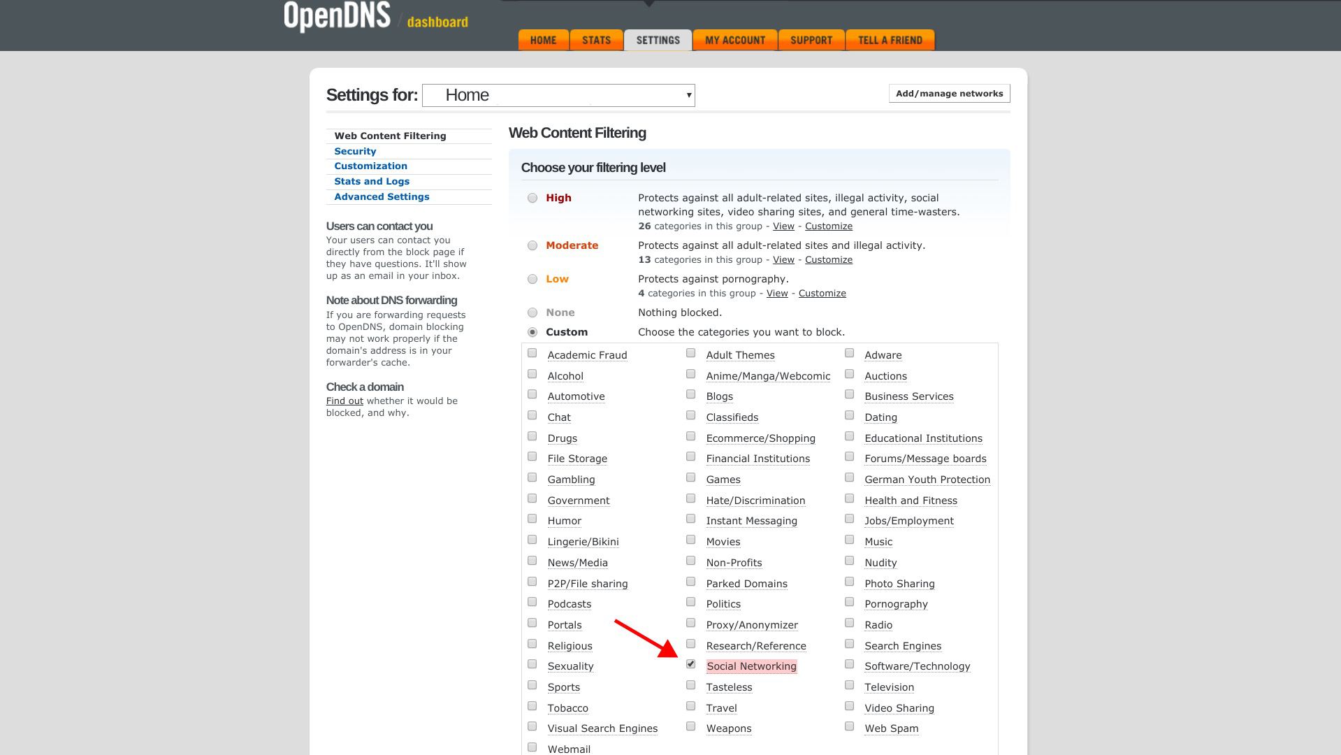 Filtrování webového obsahu OpenDNS, které zobrazuje zablokované weby sociálních sítí.