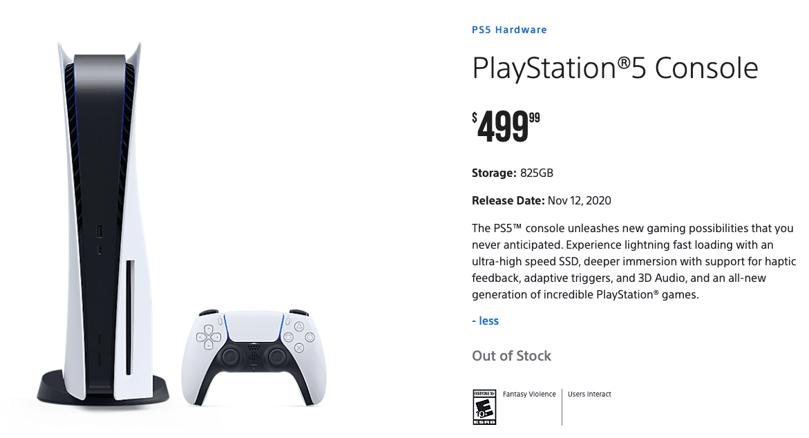 Stránka obchodu PS5 ze stránky PlayStation Direct zobrazující konzolu není na skladě
