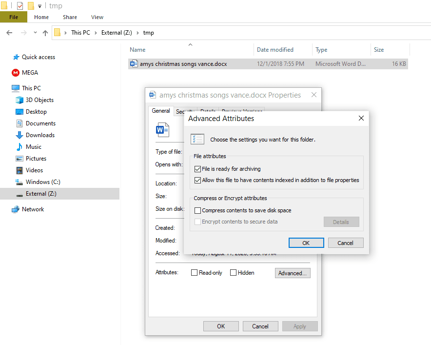 Obrazovka Pokročilé atributy ve Windows 10