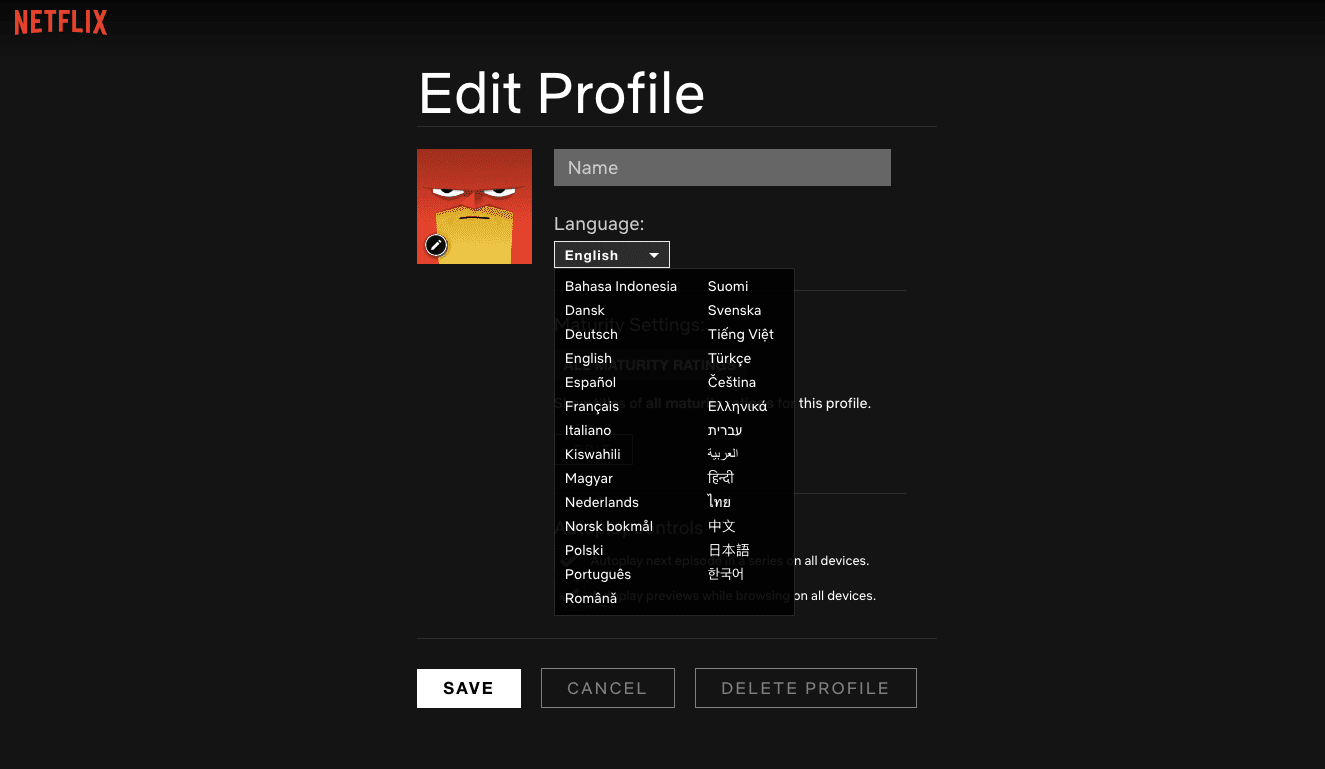 Obrazovka Upravit profil Netflix s jazykovými možnostmi