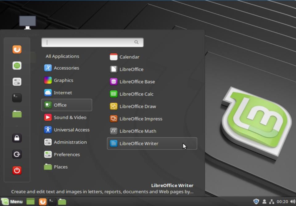 Hlavní nabídka aplikace Linux Mint Desktop