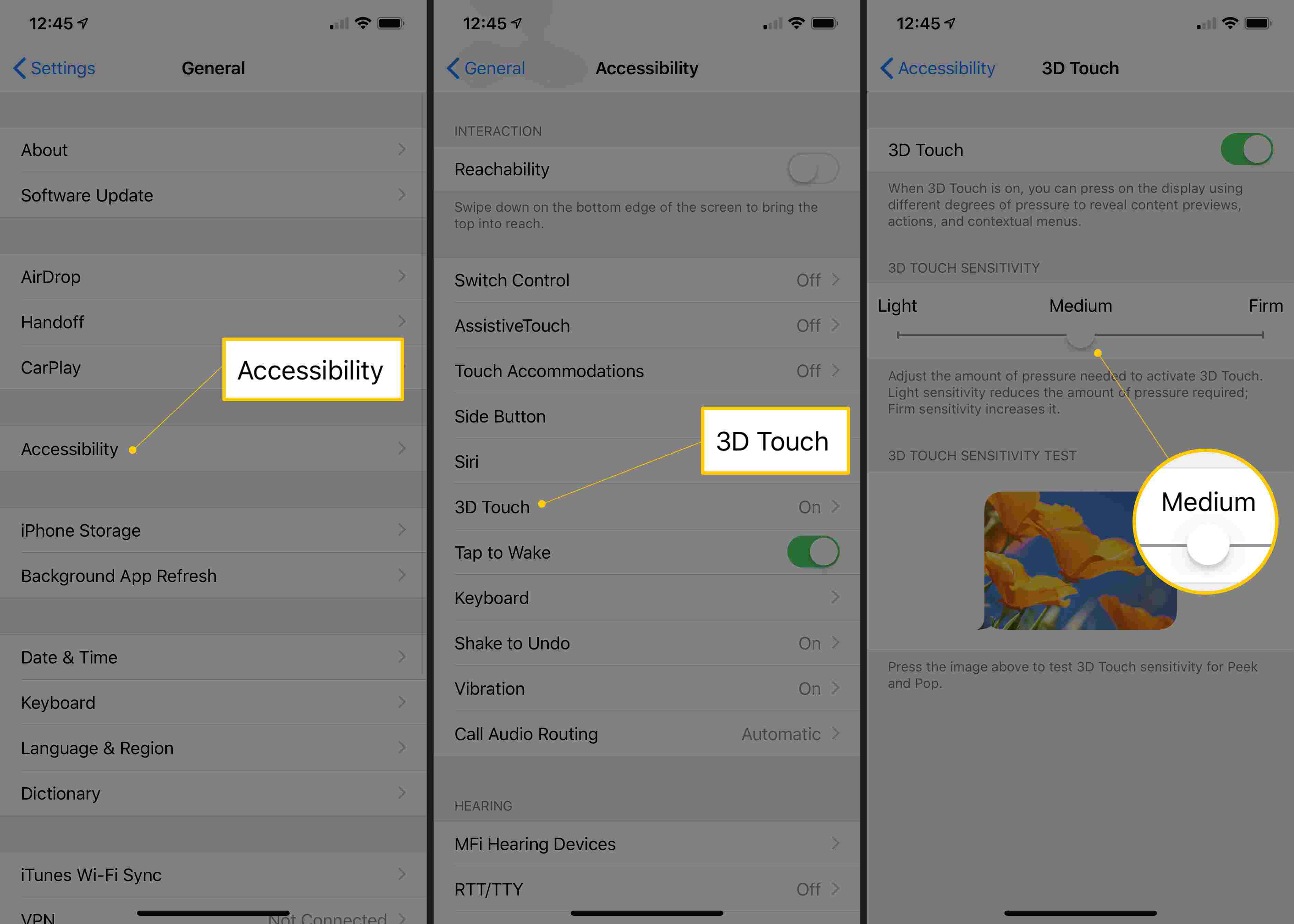 Posuvník Obecné, Přístupnost, 3D Touch a 3D Touch v nastavení iOS