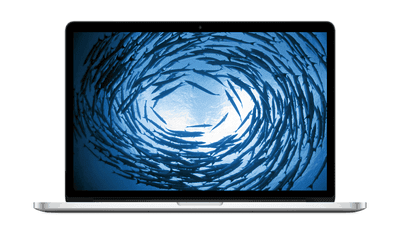 MacBook Pro 15 s displejem Retina se školou plavání ryb v kruhu na obrazovce