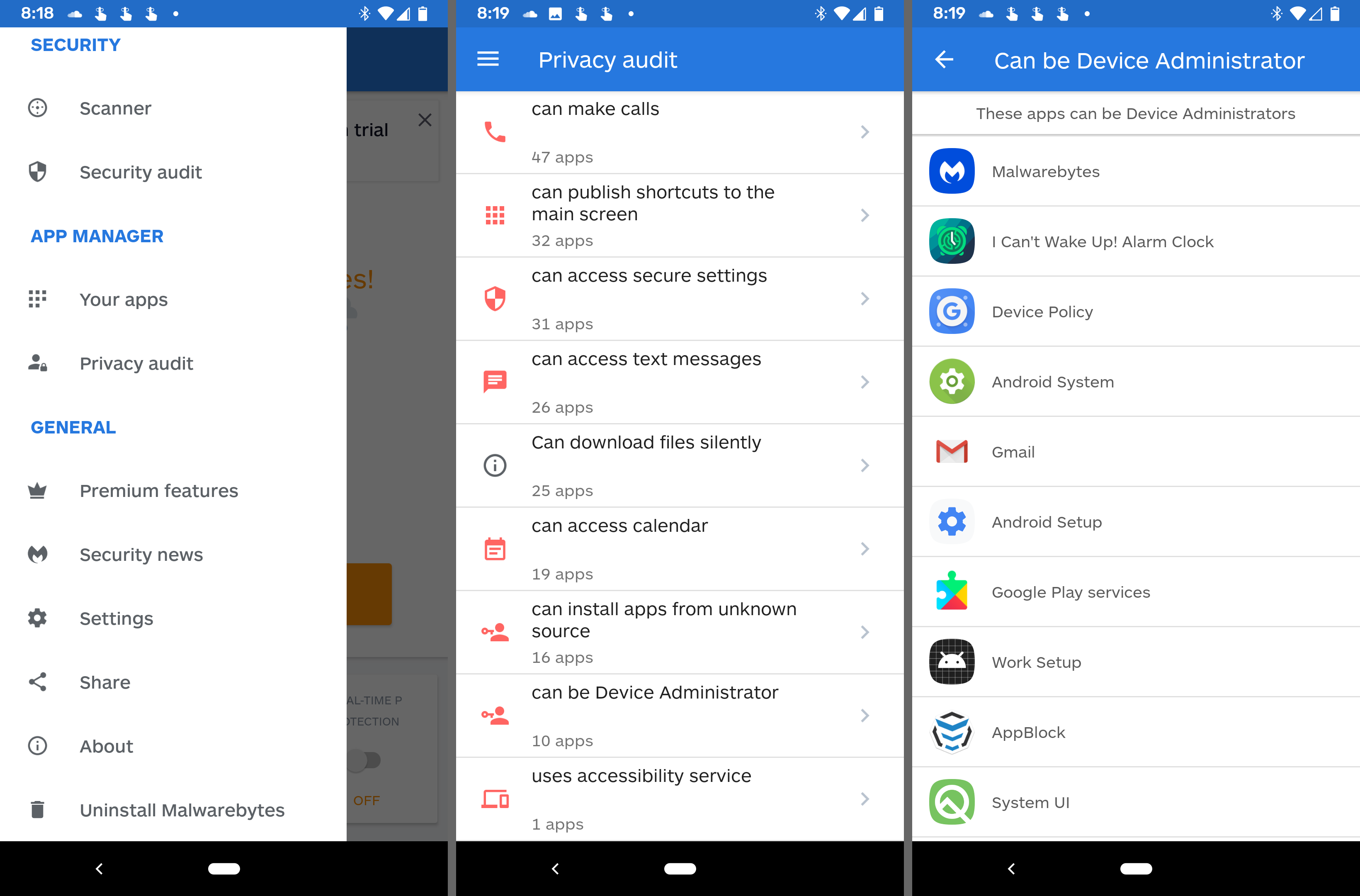 Aplikace pro správu Android uvedené v aplikaci Malwarebytes