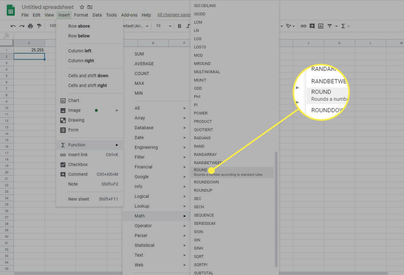 Snímek obrazovky Tabulek Google se zvýrazněnou funkcí ROUND v nabídce
