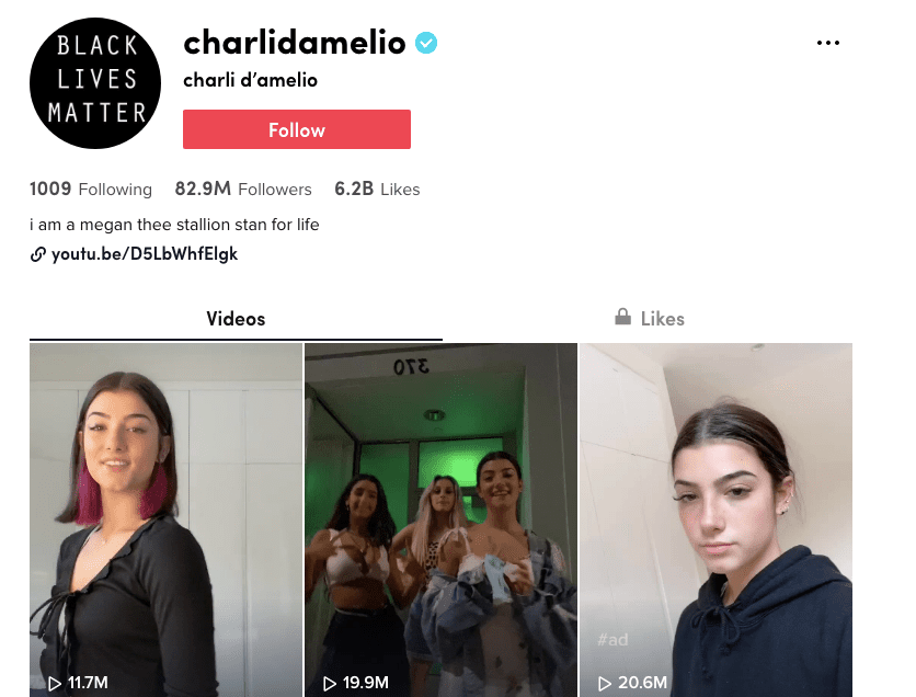 Stránka TikTok Charli D'Amelio (charlidamelio)