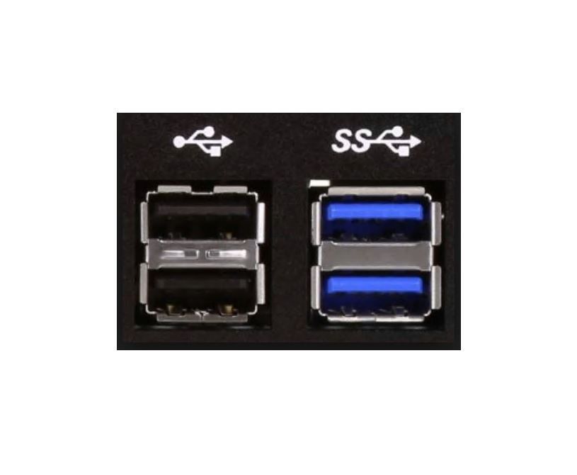 Porty USB 2.0 černé na levé straně, porty USB 3.0 modré na pravé straně.