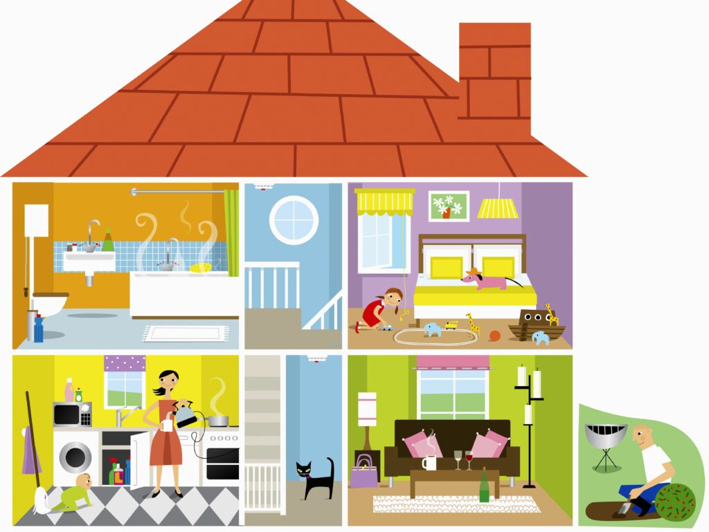 cross section of family house with potential hazards 176636402 5a56a00ad92b090036ff6dd3