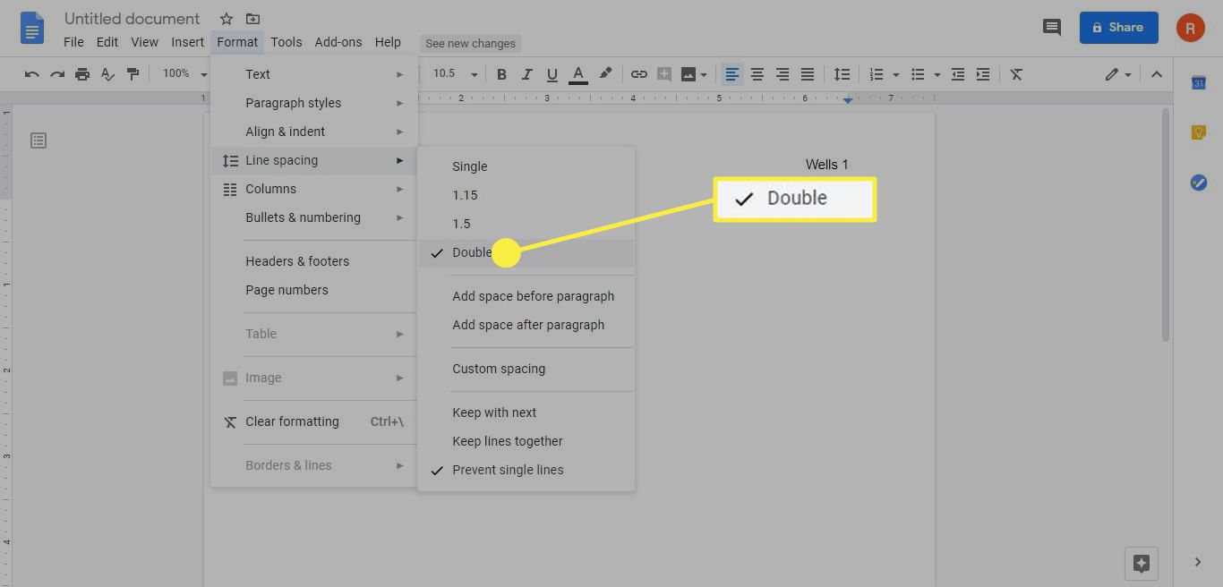Možnost Double Spacing v Dokumentech Google.