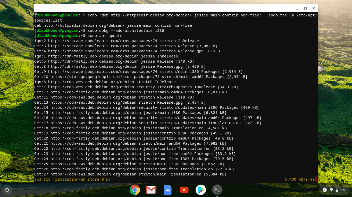 Snímek obrazovky terminálu Linux v systému Chrome OS.