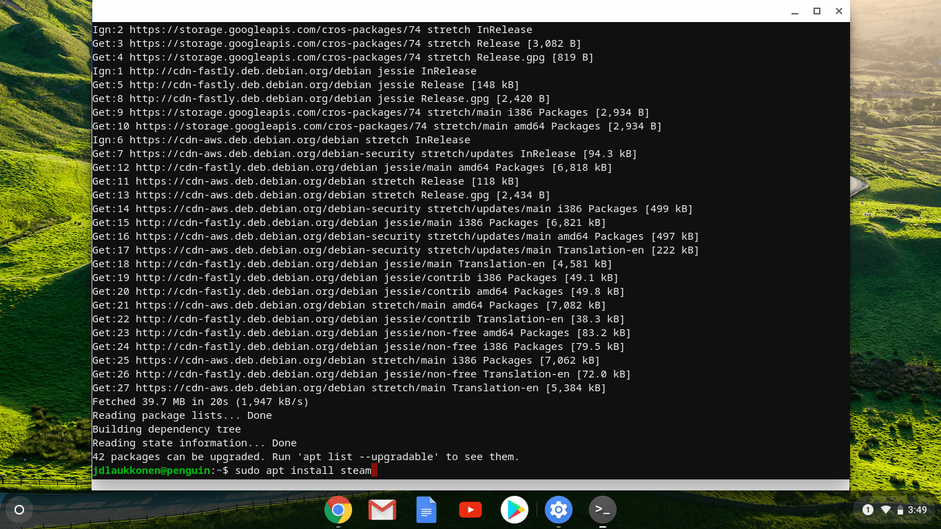 Snímek obrazovky terminálu Linux v systému Chrome OS.
