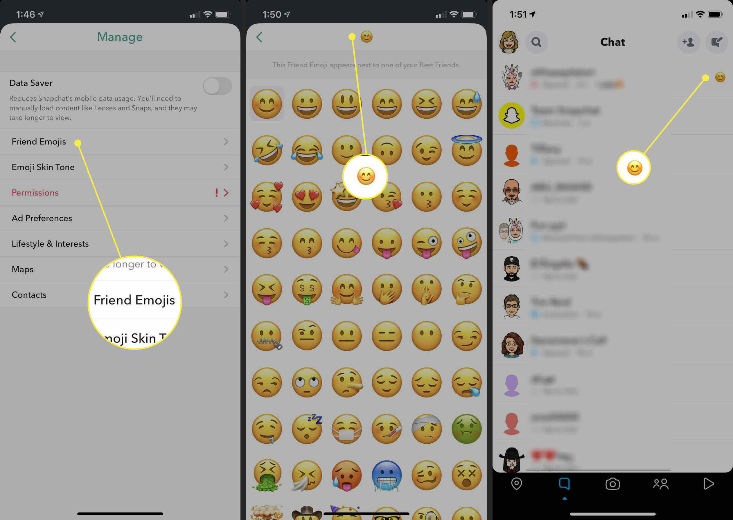 Kroky ke změně emodži v konverzaci na Snapchatu.