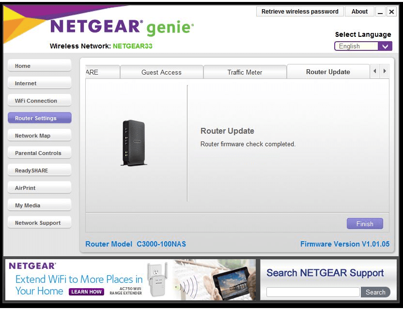 Screenshot ukazující, jak aktualizovat router NETGEAR