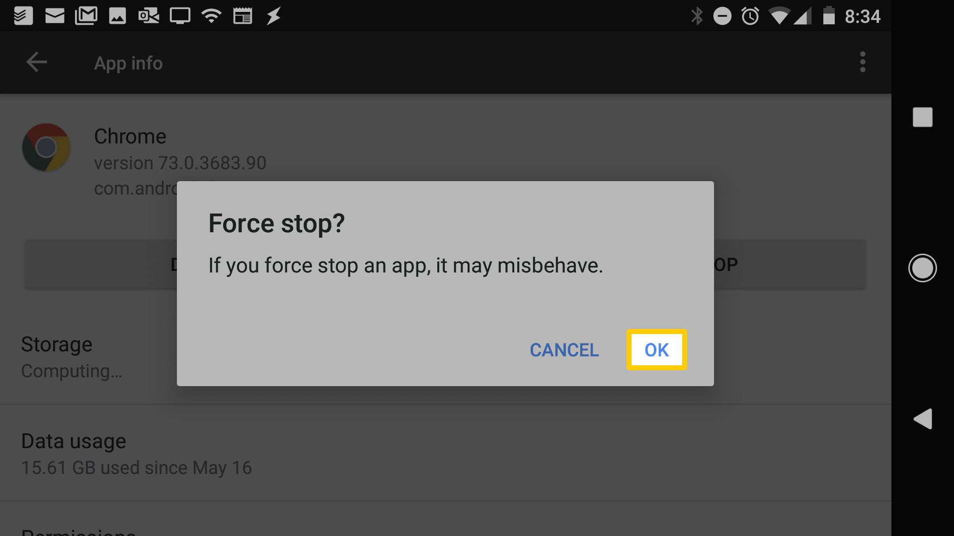 Screenshot varování Force Stop v systému Android.