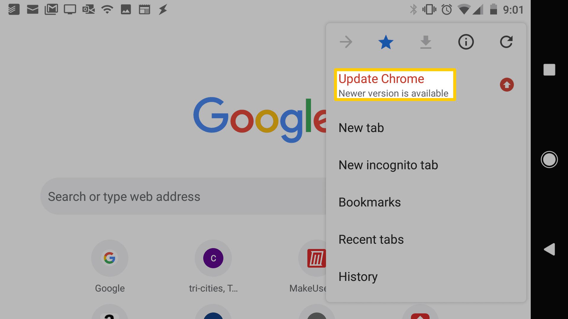 Screenshot aktualizace mobilního prohlížeče Chrome.