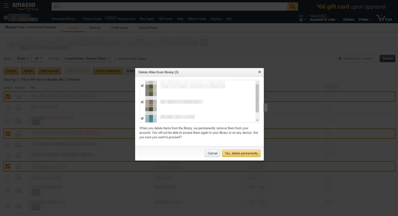 Amazon.com se zobrazeným dialogovým oknem pro mazání knih