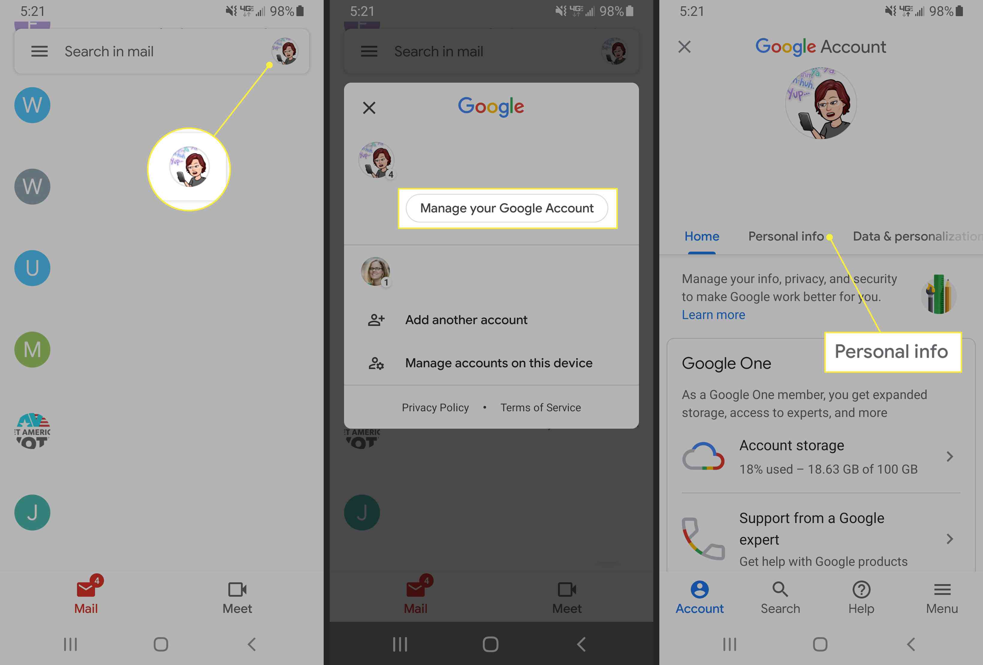 Správa účtu Google v aplikaci Gmail pro Android
