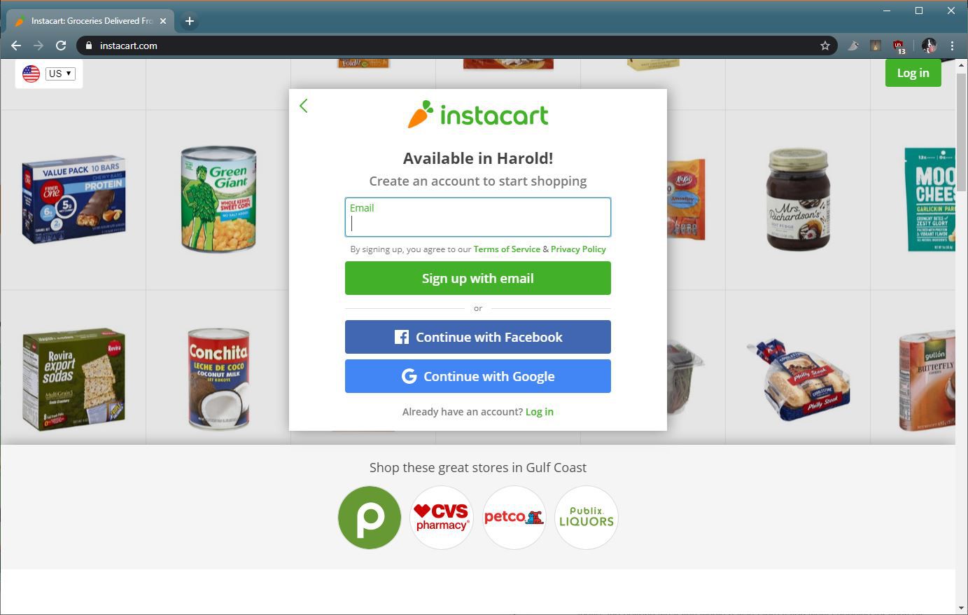 Screenshot procesu registrace Instacart.