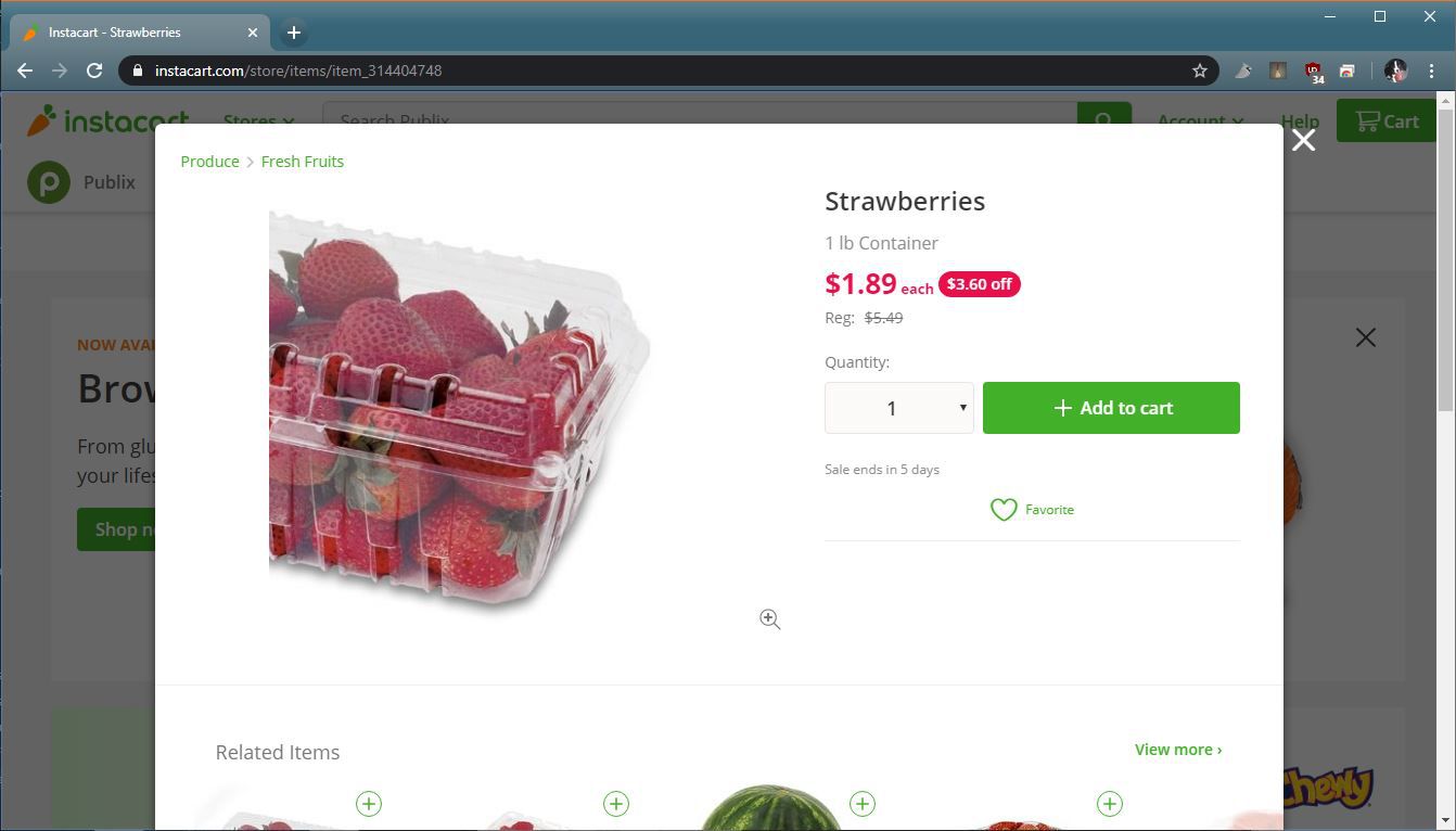 Snímek obrazovky s přidáním položek Instacart do košíku.