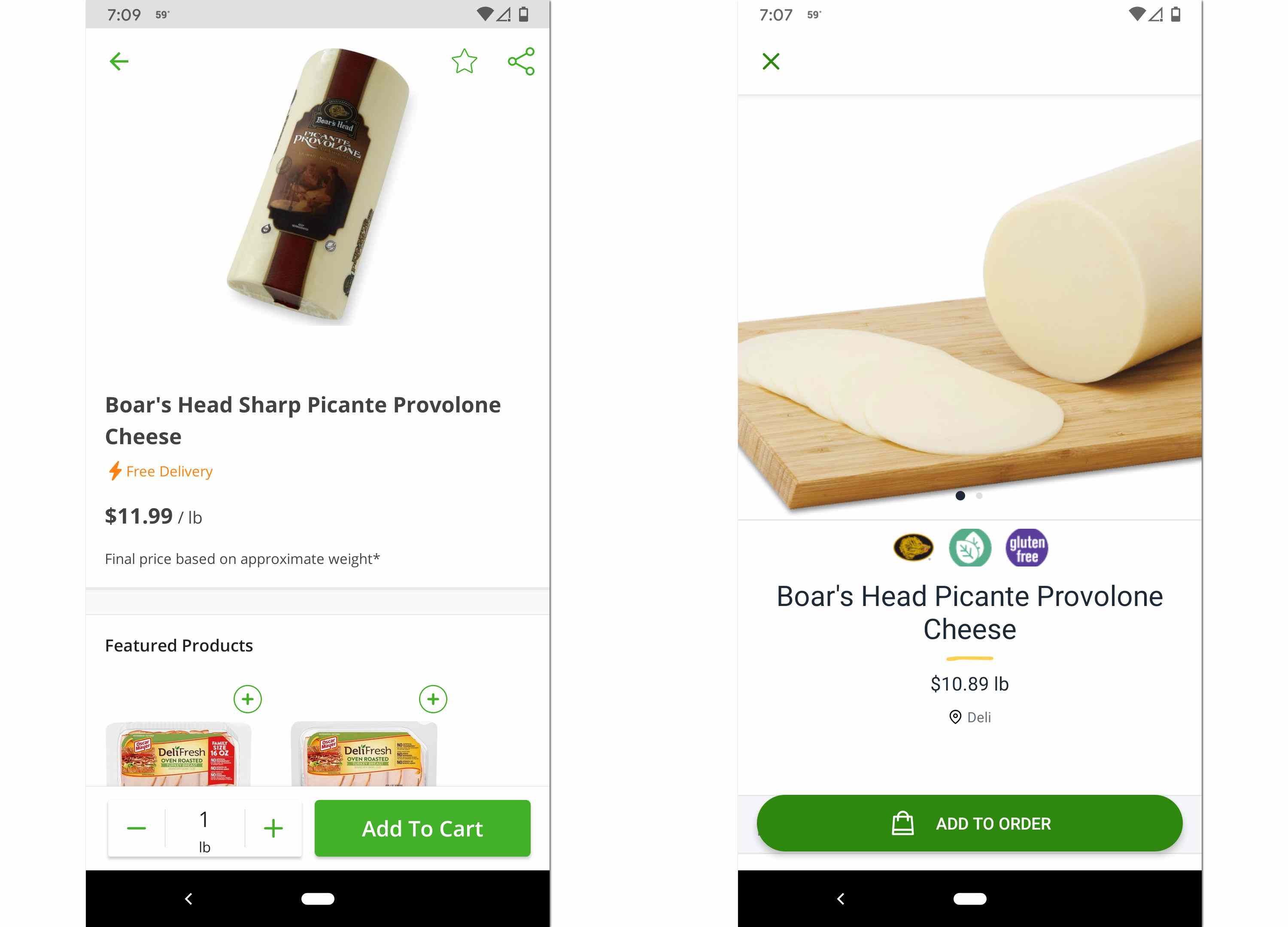 Screenshoty Instacart vlevo a Publix vpravo, zobrazující vyšší ceny prostřednictvím Instacart.