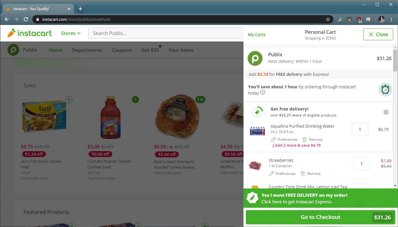 Snímek obrazovky pokladny Instacart.