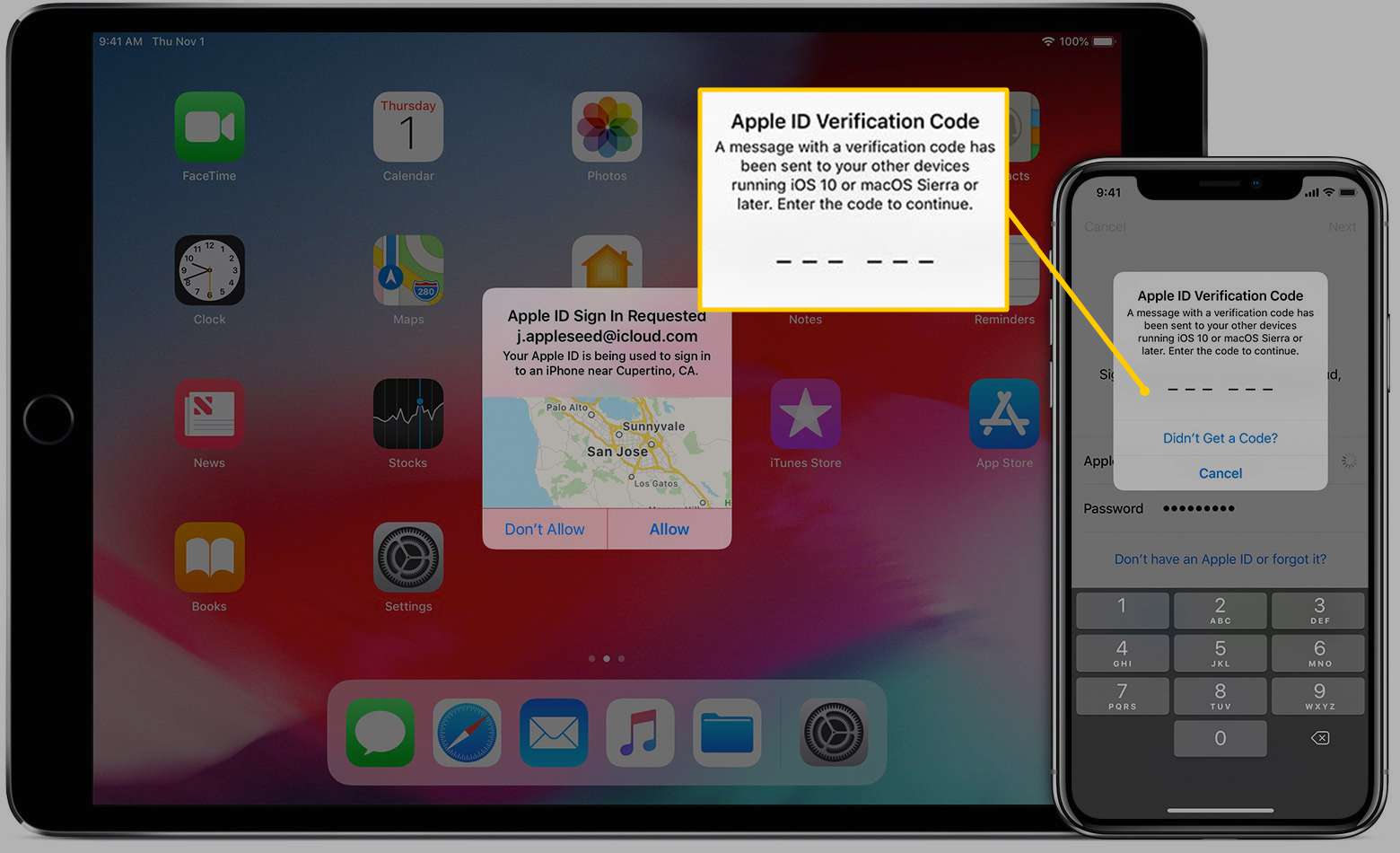 Ověřovací kód Apple ID na iPhonu, vedle iPadu