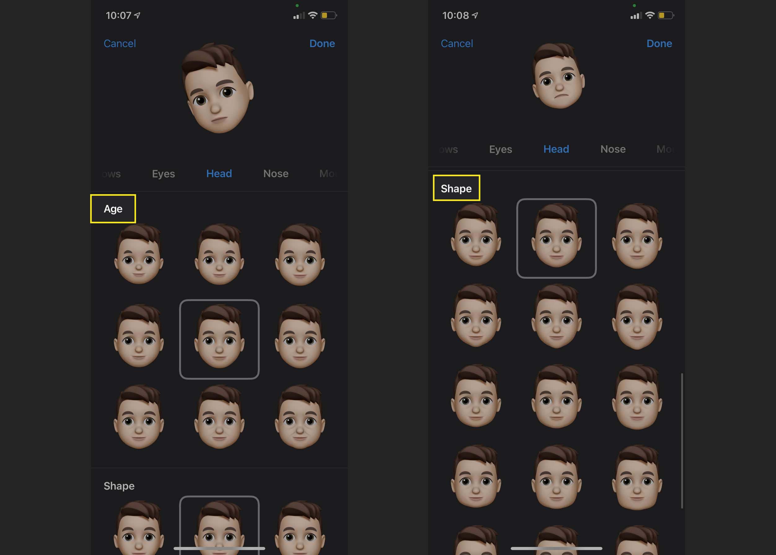 Možnosti věku a tvaru hlavy v Memoji