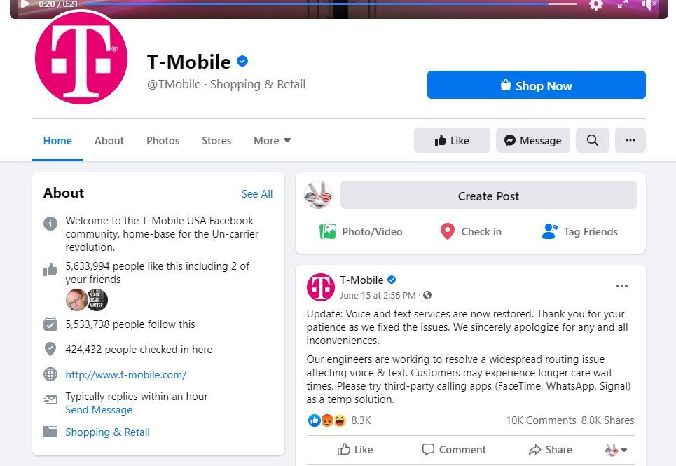 Facebooková stránka společnosti T-Mobile.