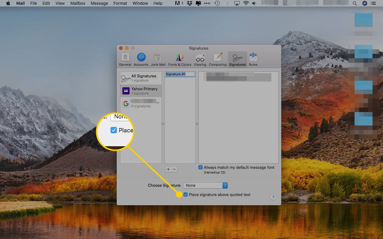 Předvolby podpisů Apple Mail s "umístit podpis nad citovaný text" políčko zvýrazněno