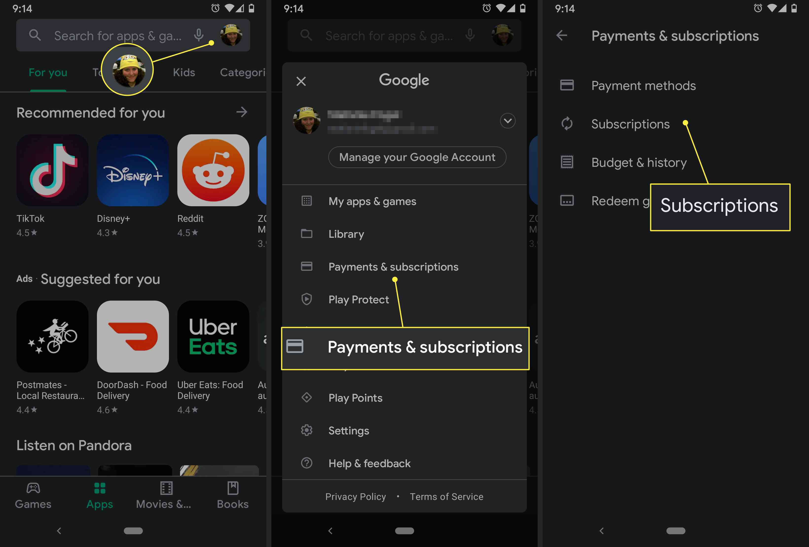 Uživatel Google Play spravuje svá předplatná v nastavení obchodu.
