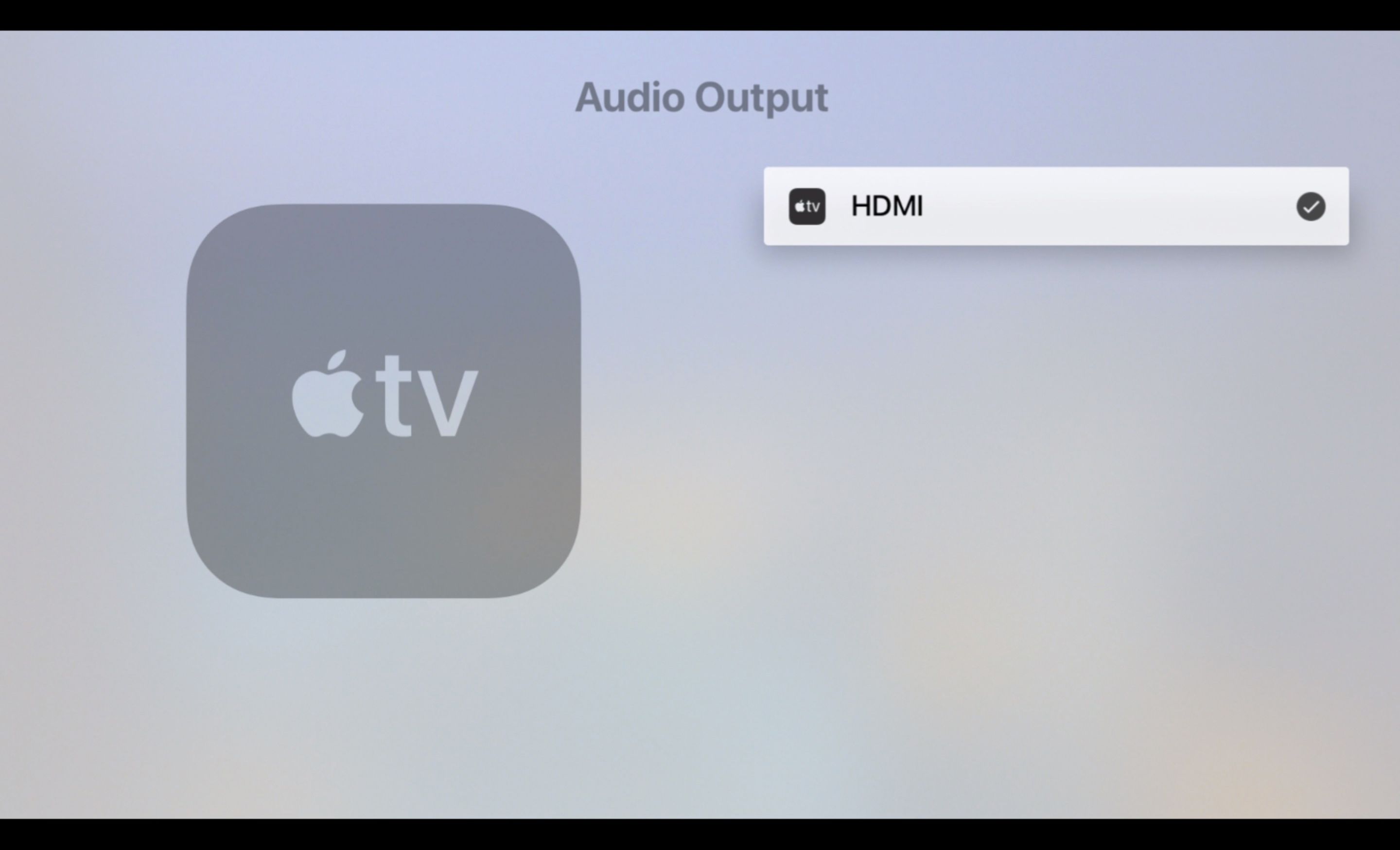 Obrazovka zvukového výstupu na Apple TV, nastavená na HDMI