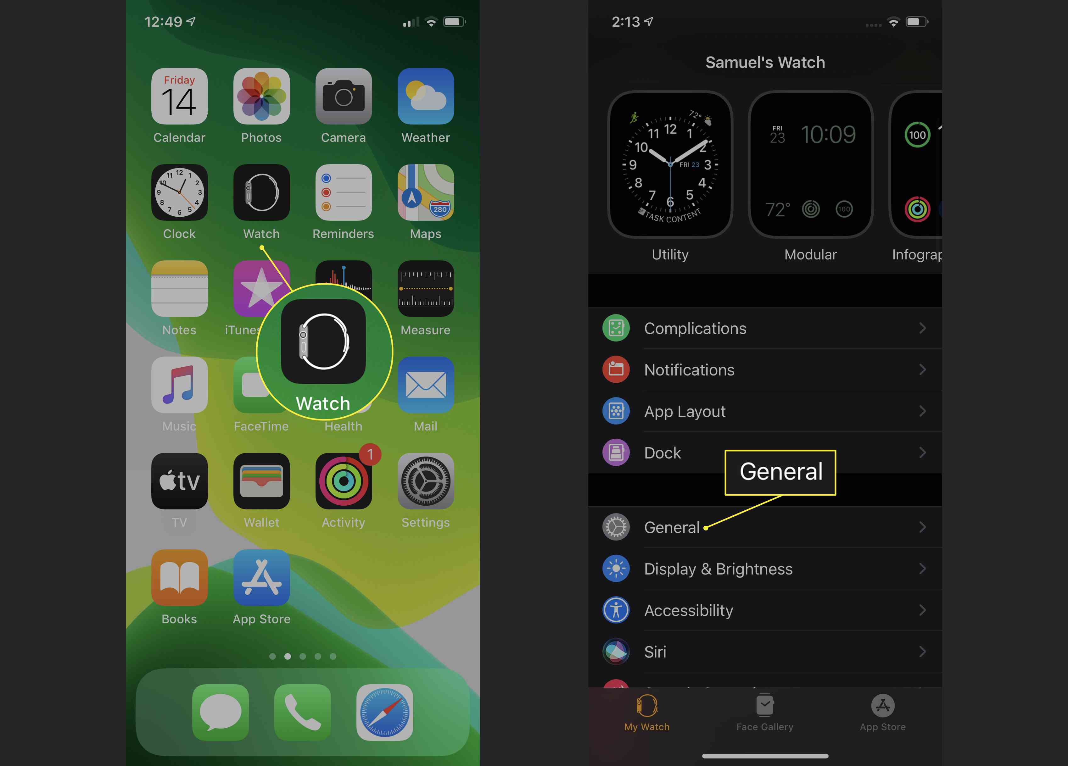 Aplikace Apple Watch se zvýrazněným General