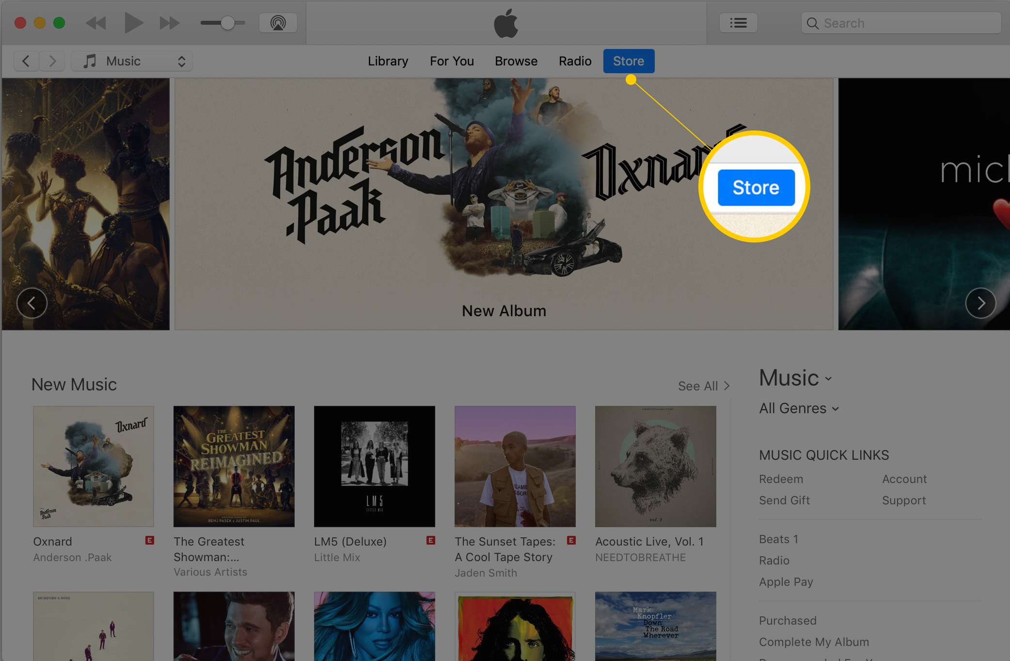 iTunes v systému macOS se zobrazením tlačítka Uložit na obrázcích horního navigačního panelu