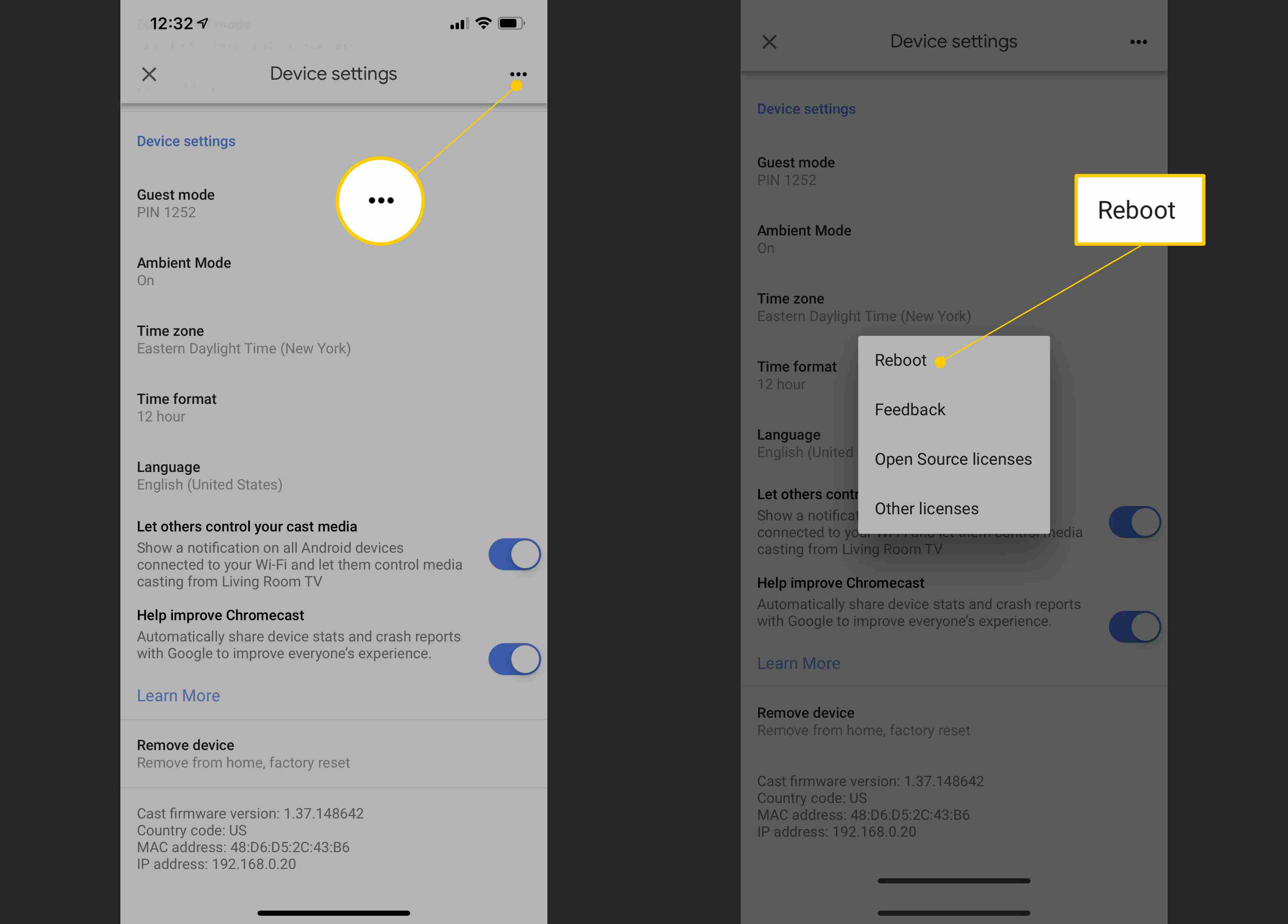 Body nabídky a možnost restartu v aplikaci Google Home pro iOS