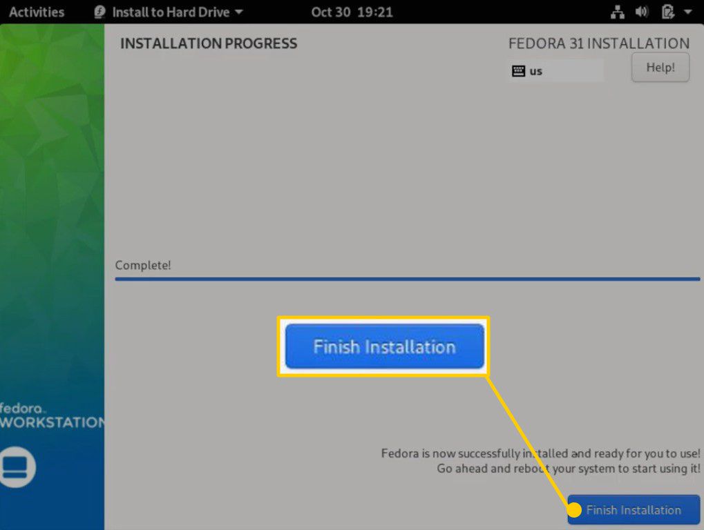 Tlačítko Dokončit instalaci ve Fedoře